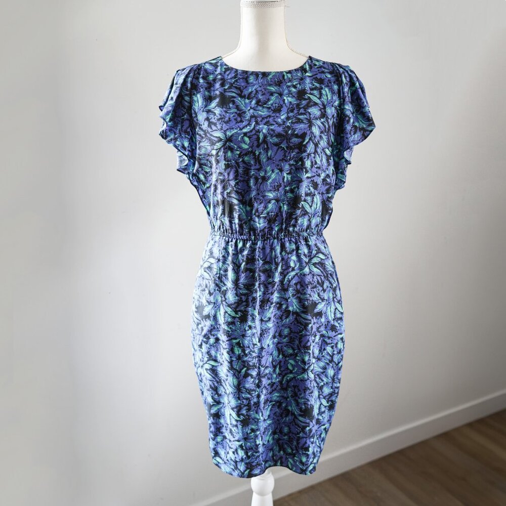 REISS Silk Floral Purple Green Flutter Sleeve Pocket Knee Lined Dress size 2